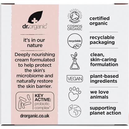 Back of the Dr Organic Skin Calm Probiotic Concentrated Cream box featuring product details and ingredient list.