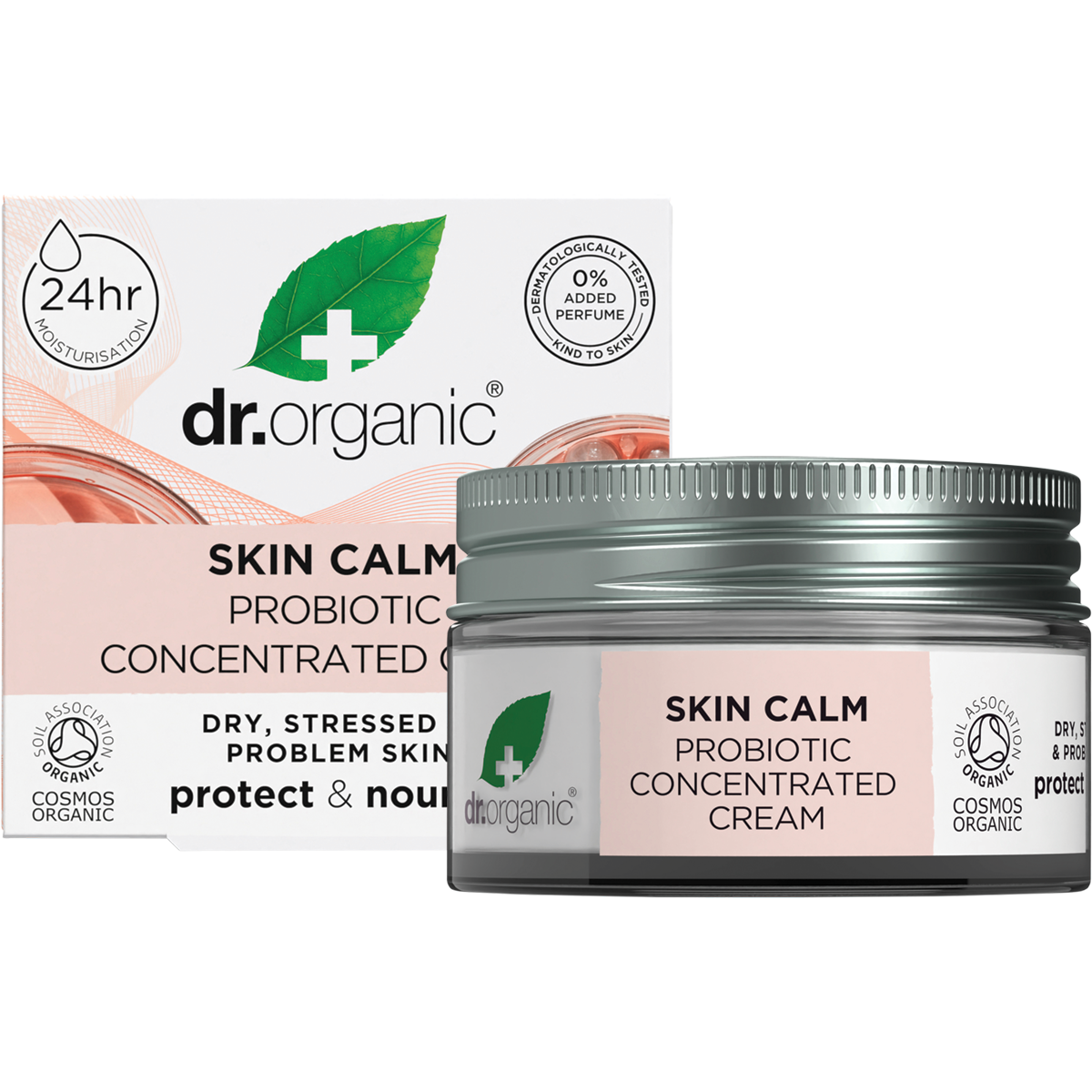 Dr Organic Skin Calm Probiotic Concentrated Cream 50ml glass jar and matching retail box on a white background.