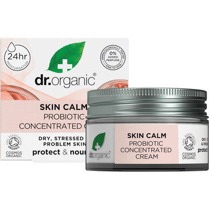 Dr Organic Skin Calm Probiotic Concentrated Cream 50ml glass jar and matching retail box on a white background.