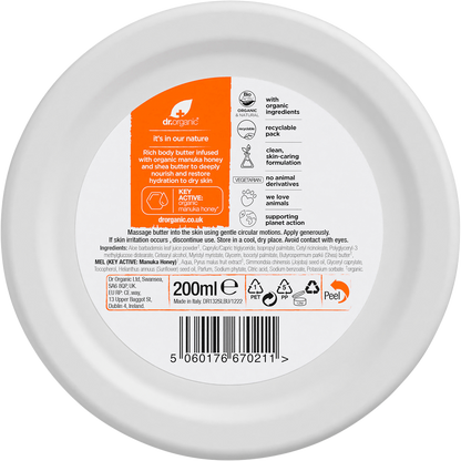 Back of Dr Organic Manuka Honey Body Butter 200ml tub showing ingredients and product information.