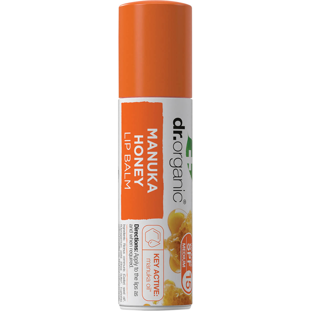 Dr Organic Manuka Honey Lip Balm 5.7ml tube with SPF 15 protection for moisturising and restoring dry lips.