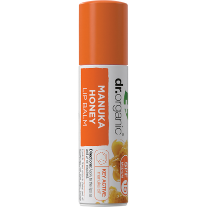 Dr Organic Manuka Honey Lip Balm 5.7ml tube with SPF 15 protection for moisturising and restoring dry lips.