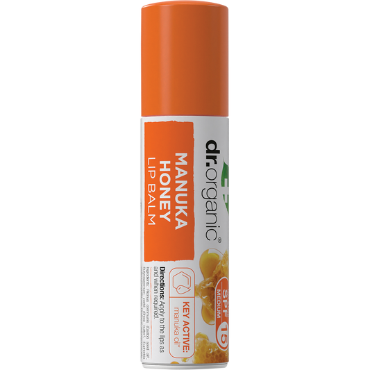 Dr Organic Manuka Honey Lip Balm 5.7ml tube with SPF 15 protection for moisturising and restoring dry lips.