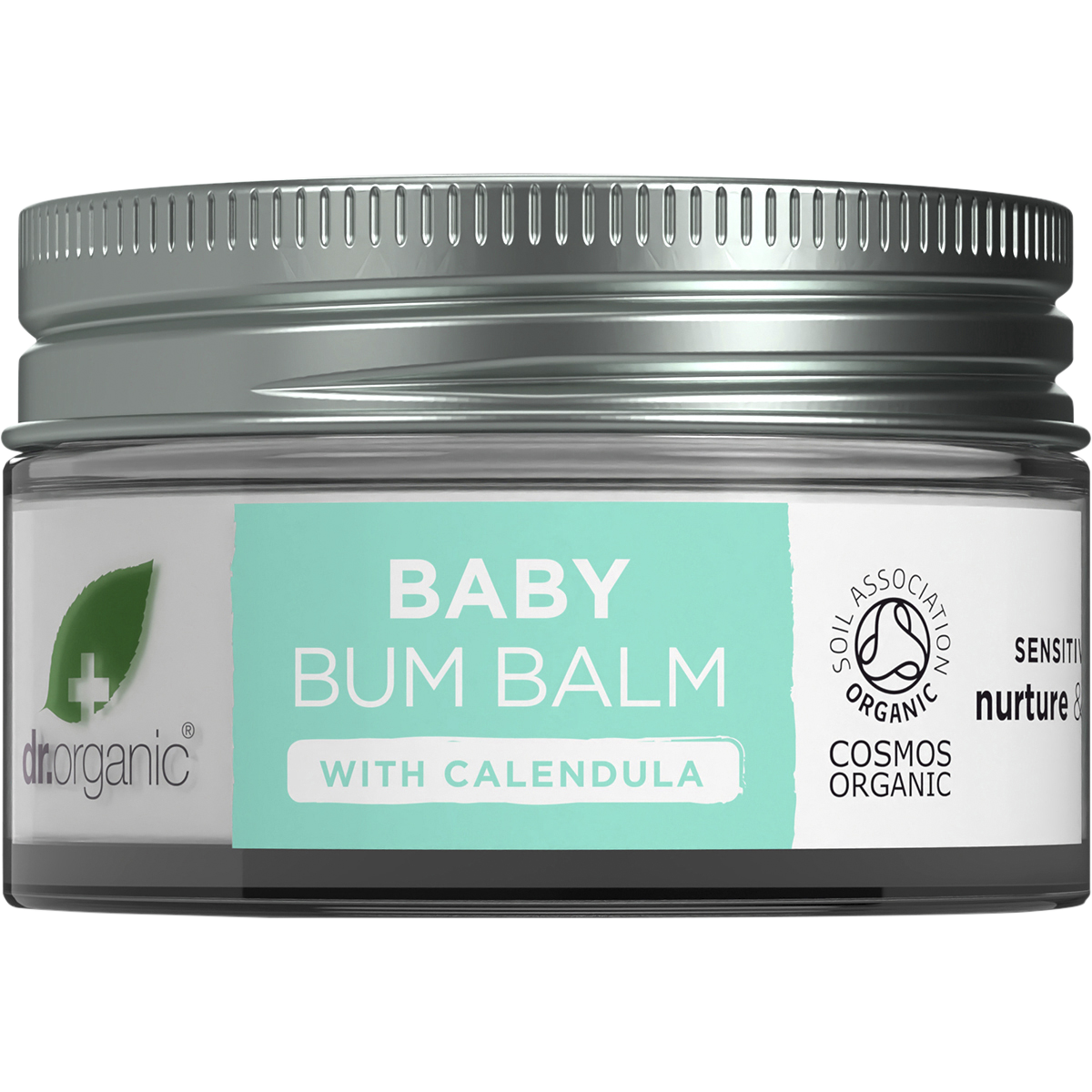Dr Organic Baby Bum Balm 35g tub with calendula and a white lid, featuring a clean label with botanical illustrations.