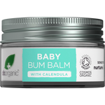 Dr Organic Baby Bum Balm 35g tub with calendula and a white lid, featuring a clean label with botanical illustrations.