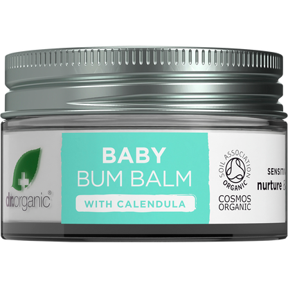 Dr Organic Baby Bum Balm 35g tub with calendula and a white lid, featuring a clean label with botanical illustrations.