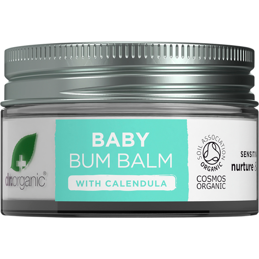 Dr Organic Baby Bum Balm 35g tub with calendula and a white lid, featuring a clean label with botanical illustrations.