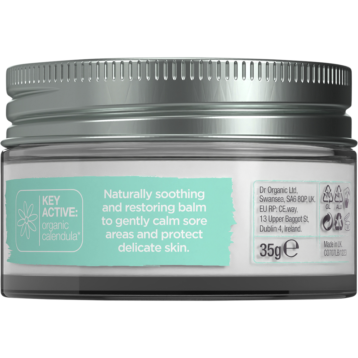 Back of Dr Organic Baby Bum Balm 35g tub showing directions for use and ingredients on a clean white label.