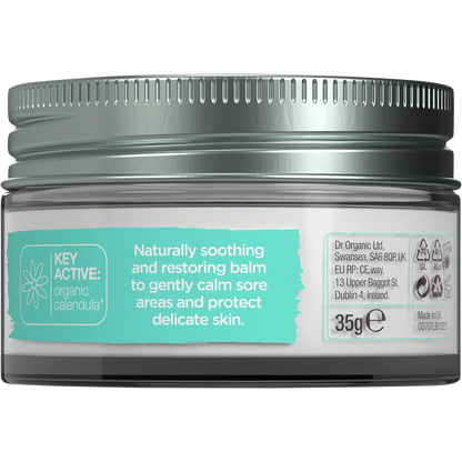 Back of Dr Organic Baby Bum Balm 35g tub showing directions for use and ingredients on a clean white label.