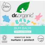 Front of Dr Organic Baby Bum Balm 35g box featuring calendula illustrations and product benefits on a white background.