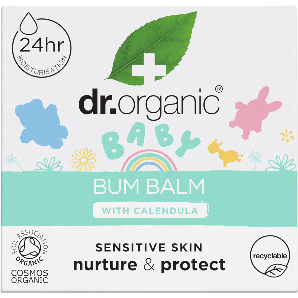 Front of Dr Organic Baby Bum Balm 35g box featuring calendula illustrations and product benefits on a white background.