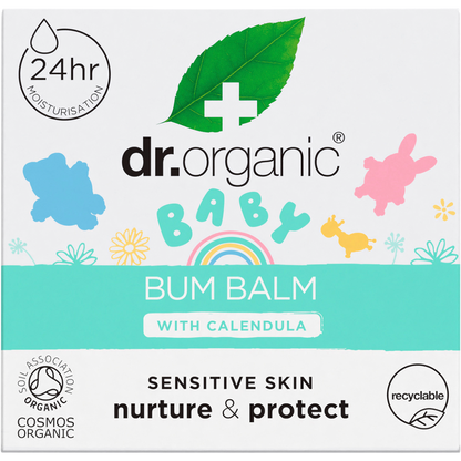 Front of Dr Organic Baby Bum Balm 35g box featuring calendula illustrations and product benefits on a white background.