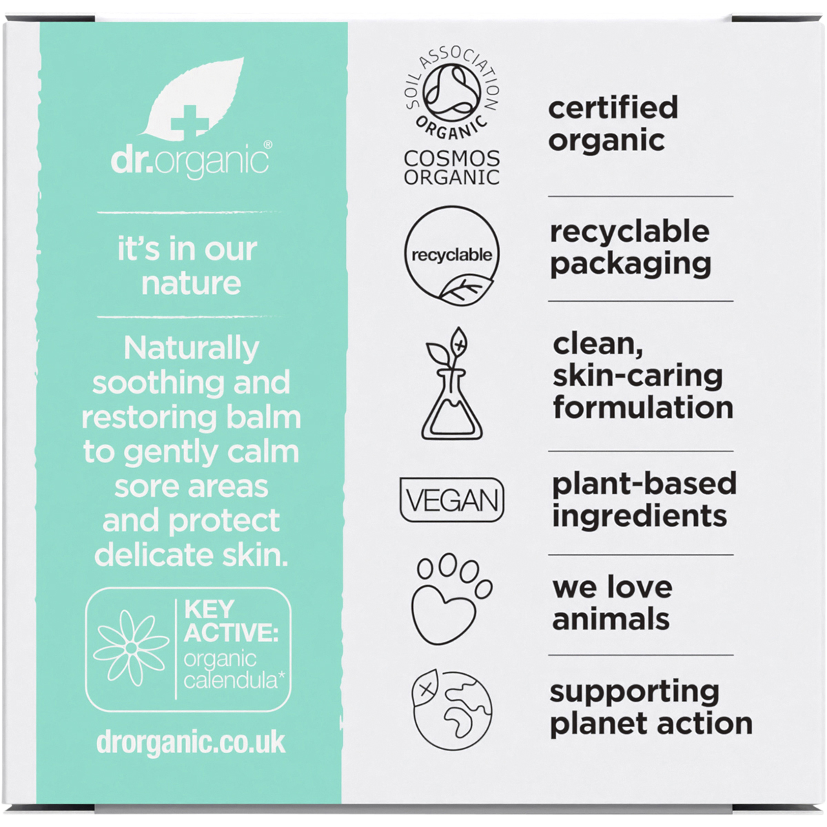 Back of Dr Organic Baby Bum Balm 35g box showing nutrition facts, ingredients, and directions for use.