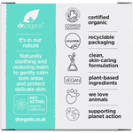 Back of Dr Organic Baby Bum Balm 35g box showing nutrition facts, ingredients, and directions for use.