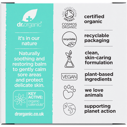 Back of Dr Organic Baby Bum Balm 35g box showing nutrition facts, ingredients, and directions for use.