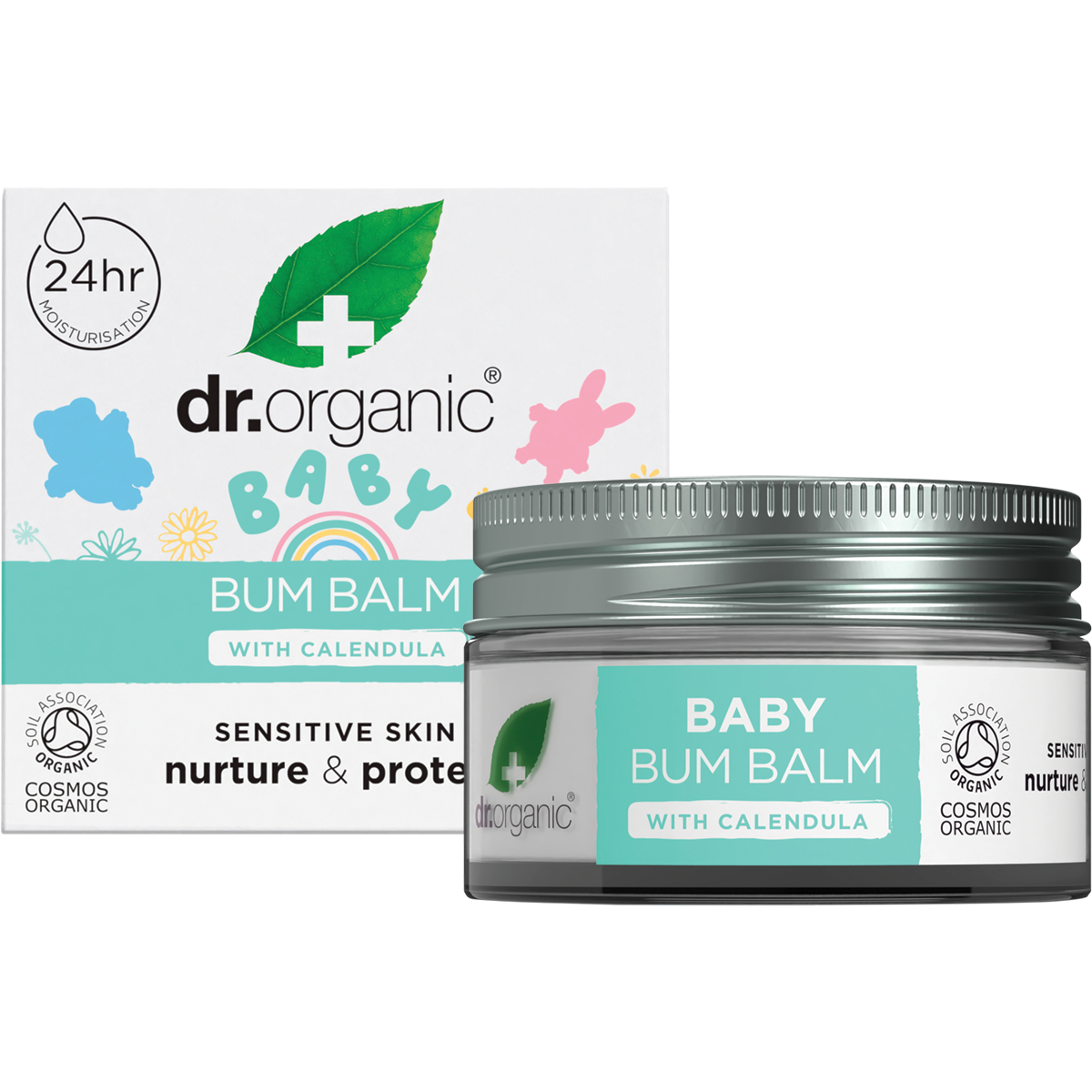 Dr Organic Baby Bum Balm 35g tub and box with botanical illustrations and a white lid on a white background.