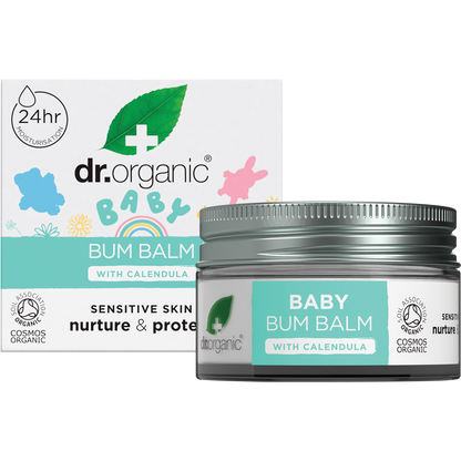 Dr Organic Baby Bum Balm 35g tub and box with botanical illustrations and a white lid on a white background.