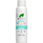 150ml bottle of Dr Organic Baby Massage Oil with Calendula, featuring a white label with a yellow flower illustration.