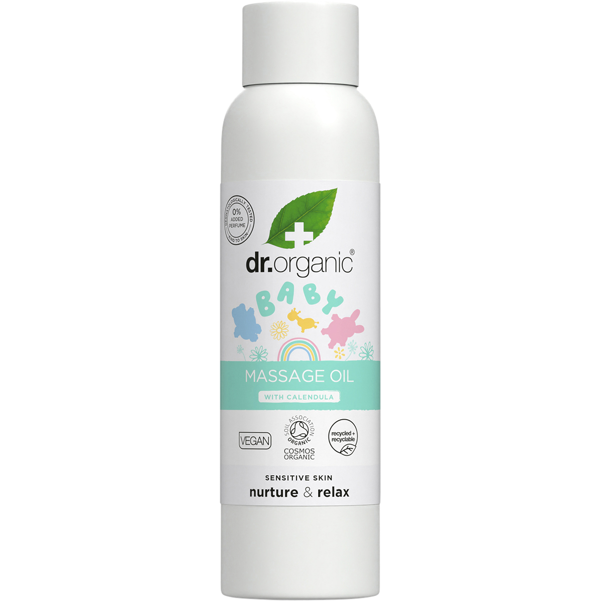 150ml bottle of Dr Organic Baby Massage Oil with Calendula, featuring a white label with a yellow flower illustration.