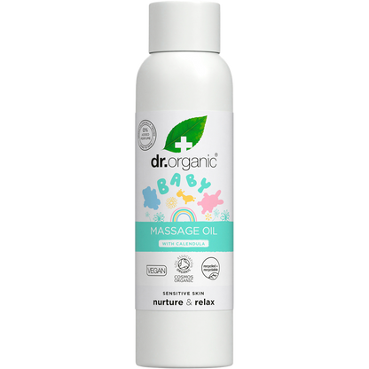 150ml bottle of Dr Organic Baby Massage Oil with Calendula, featuring a white label with a yellow flower illustration.
