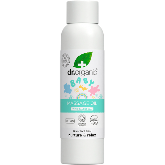150ml bottle of Dr Organic Baby Massage Oil with Calendula, featuring a white label with a yellow flower illustration.