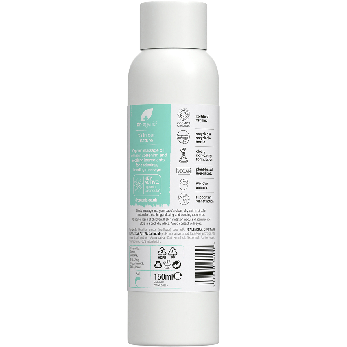 Back of Dr Organic Baby Massage Oil bottle with ingredient list, directions, and COSMOS Organic certification.