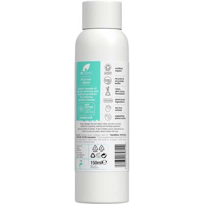 Back of Dr Organic Baby Massage Oil bottle with ingredient list, directions, and COSMOS Organic certification.