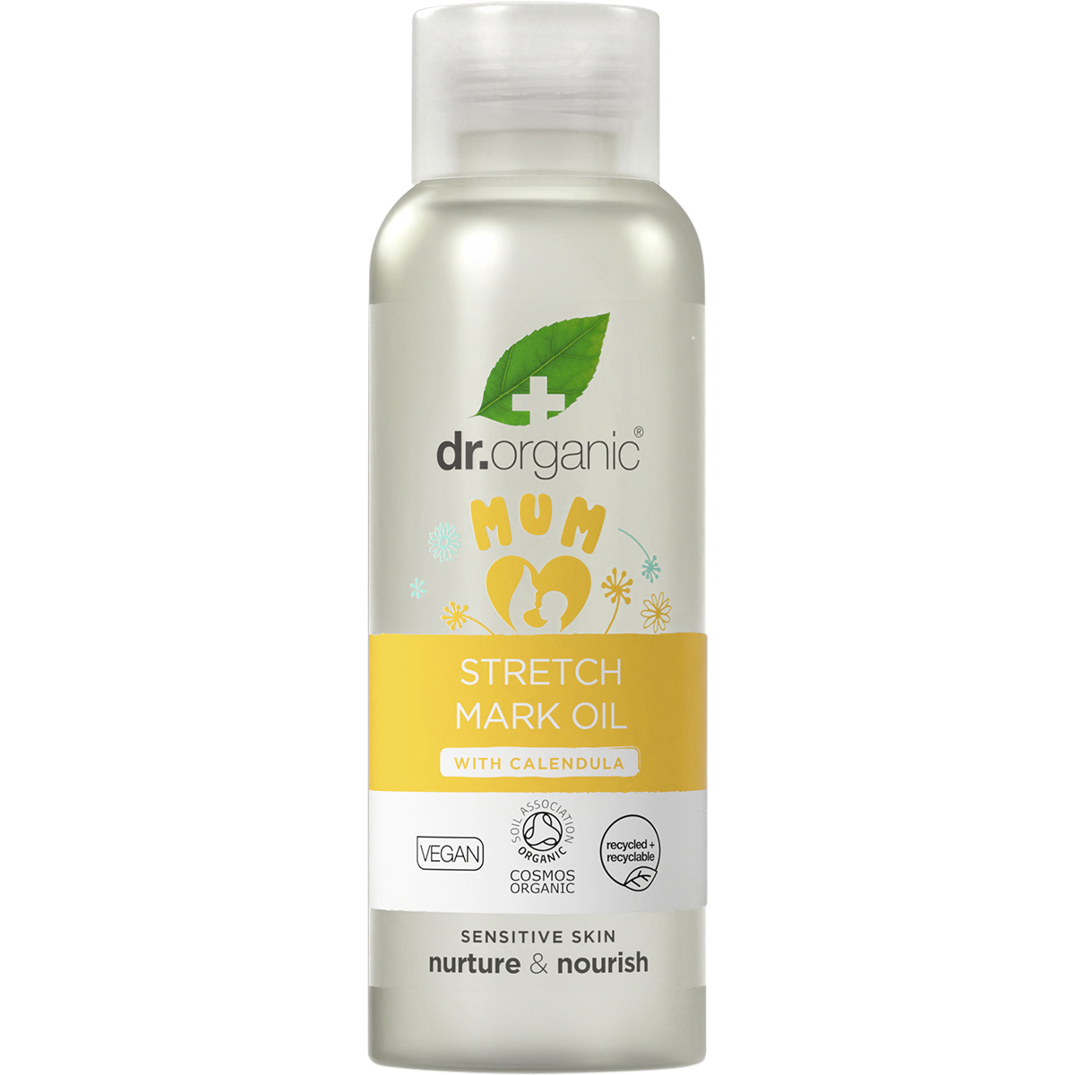 100ml bottle of Dr Organic Mum Stretch Mark Oil with Calendula featuring a dropper lid and botanical label.