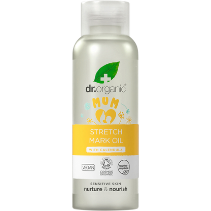 100ml bottle of Dr Organic Mum Stretch Mark Oil with Calendula featuring a dropper lid and botanical label.