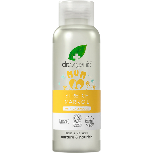 100ml bottle of Dr Organic Mum Stretch Mark Oil with Calendula featuring a dropper lid and botanical label.