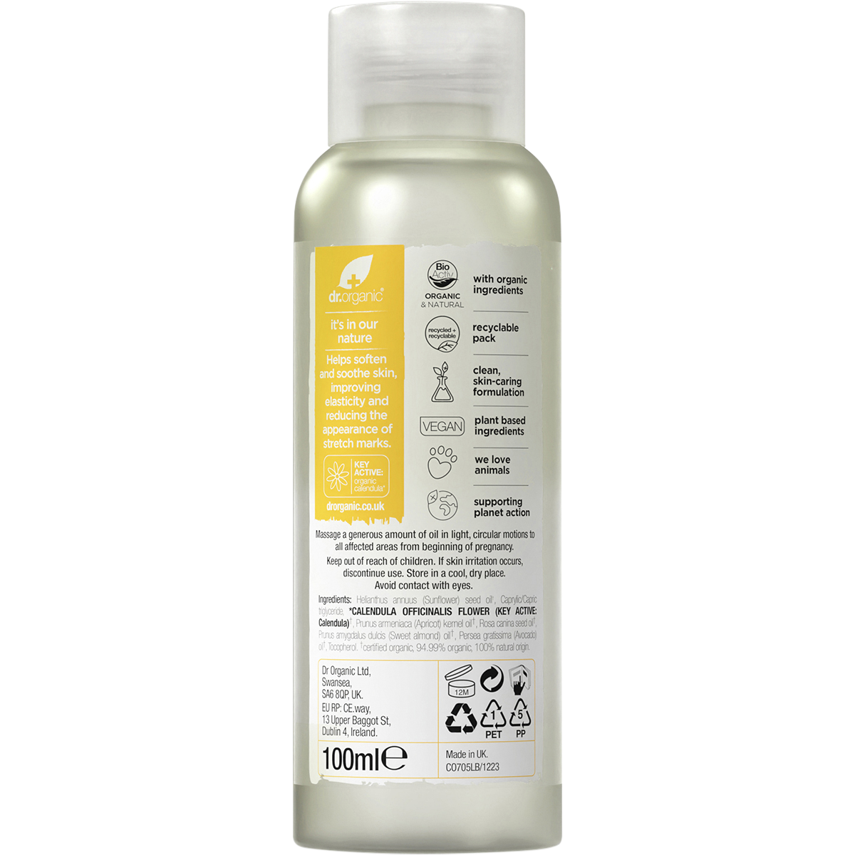 Back of Dr Organic Mum Stretch Mark Oil bottle showing nutrition facts, ingredients, and usage instructions.