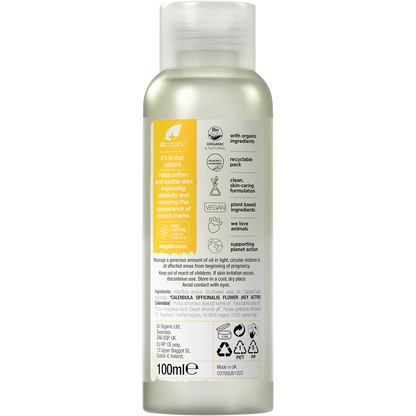 Back of Dr Organic Mum Stretch Mark Oil bottle showing nutrition facts, ingredients, and usage instructions.