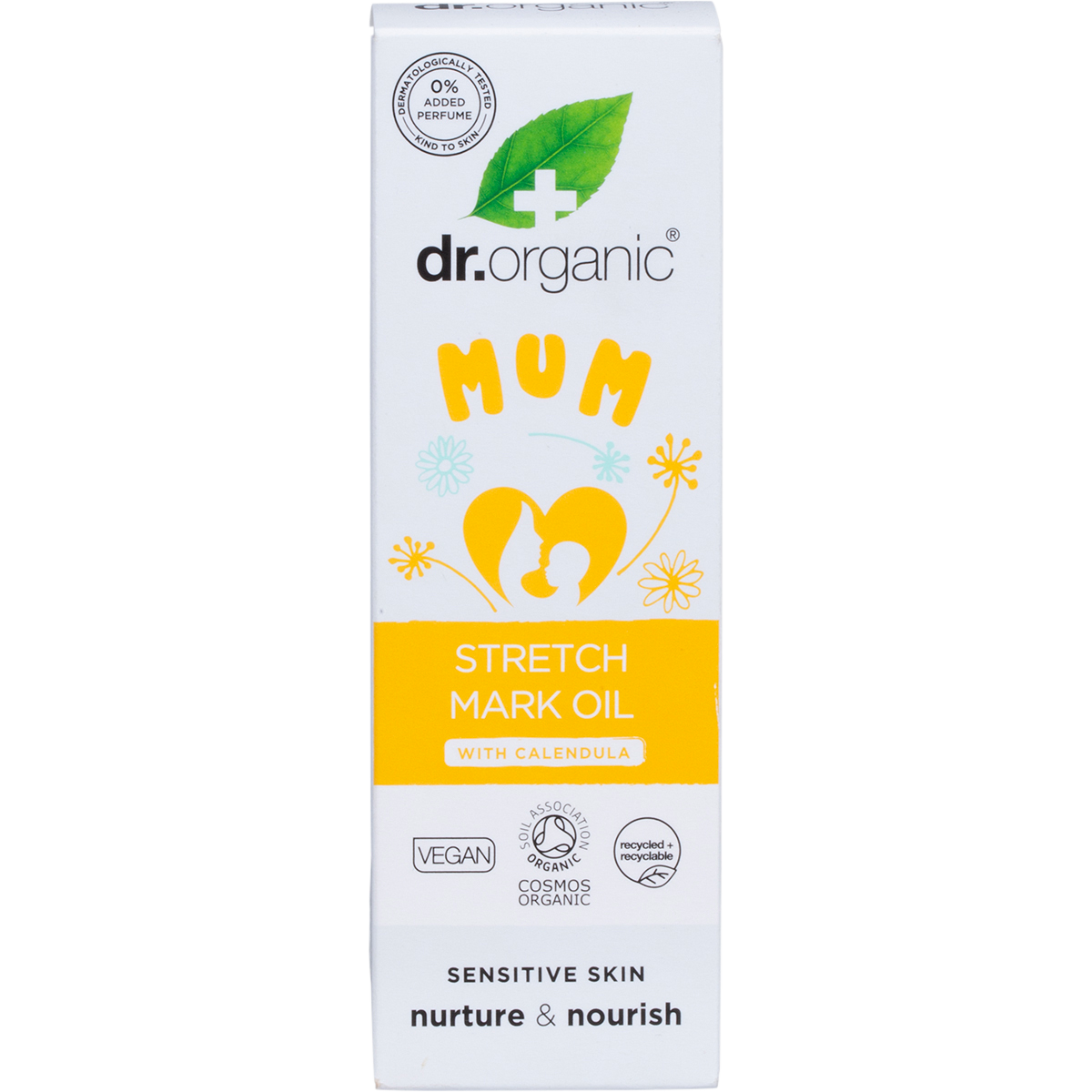 Front of Dr Organic Mum Stretch Mark Oil box with calendula flower illustrations on a white background.