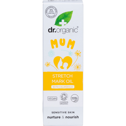 Front of Dr Organic Mum Stretch Mark Oil box with calendula flower illustrations on a white background.