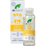 Dr Organic Mum Stretch Mark Oil 100ml bottle and matching box with calendula illustrations on a white background.