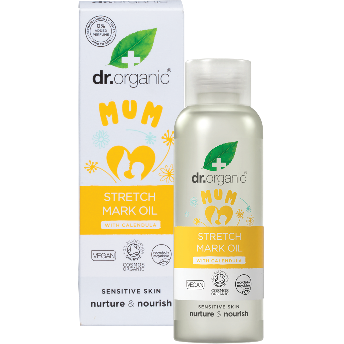 Dr Organic Mum Stretch Mark Oil 100ml bottle and matching box with calendula illustrations on a white background.
