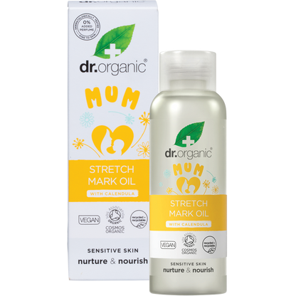Dr Organic Mum Stretch Mark Oil 100ml bottle and matching box with calendula illustrations on a white background.
