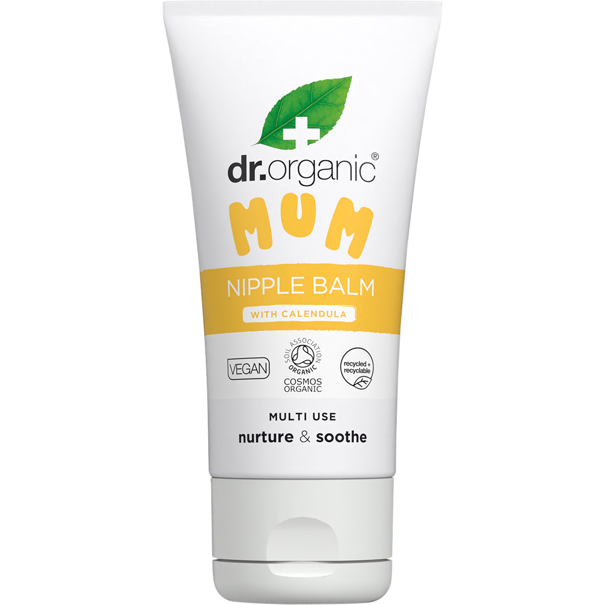 Dr Organic Mum Nipple Balm with Calendula 30ml tube with botanical illustrations of orange calendula flowers.