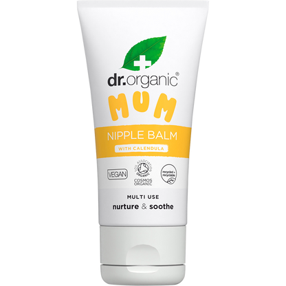Dr Organic Mum Nipple Balm with Calendula 30ml tube with botanical illustrations of orange calendula flowers.