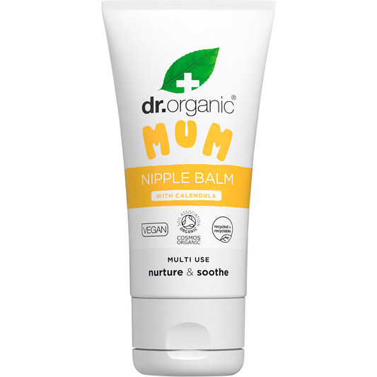 Dr Organic Mum Nipple Balm with Calendula 30ml tube with botanical illustrations of orange calendula flowers.