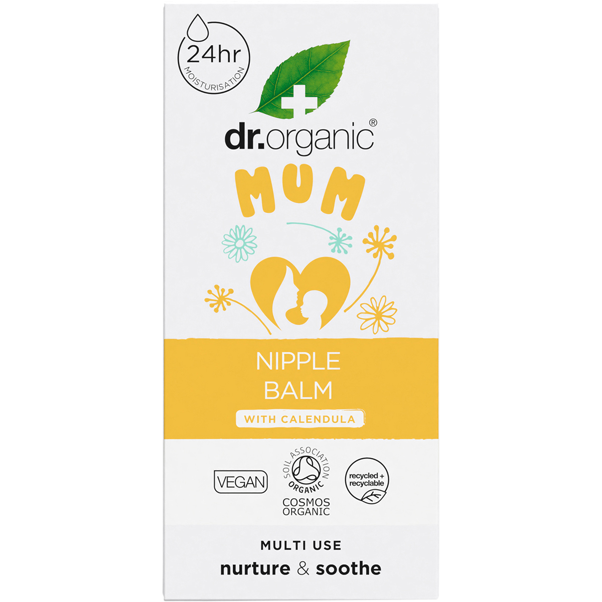 Front of a Dr Organic Mum Nipple Balm 30ml box with calendula flower illustrations on a white background.