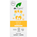 Front of a Dr Organic Mum Nipple Balm 30ml box with calendula flower illustrations on a white background.