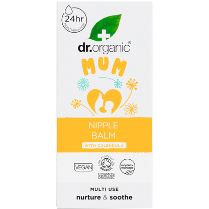 Front of a Dr Organic Mum Nipple Balm 30ml box with calendula flower illustrations on a white background.