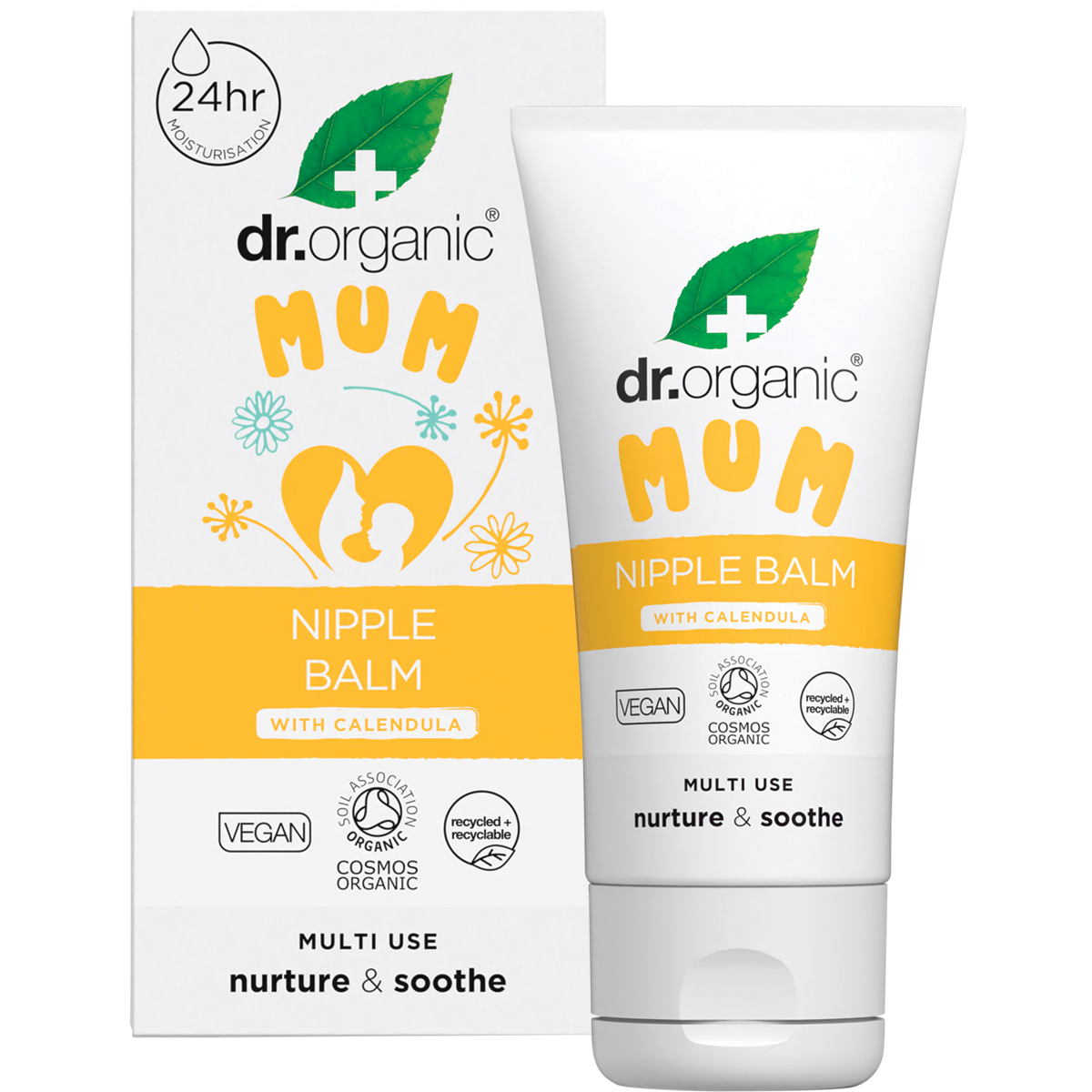 Dr Organic Mum Nipple Balm 30ml tube and box displayed on a white background with calendula flower illustrations.