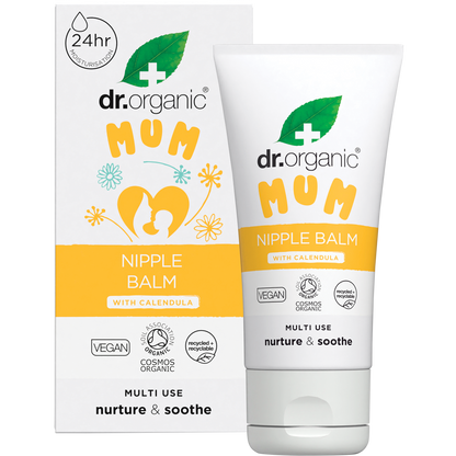 Dr Organic Mum Nipple Balm 30ml tube and box displayed on a white background with calendula flower illustrations.