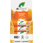 Dr Organic Manuka Honey Lip Balm tube next to its retail display box on a white background.