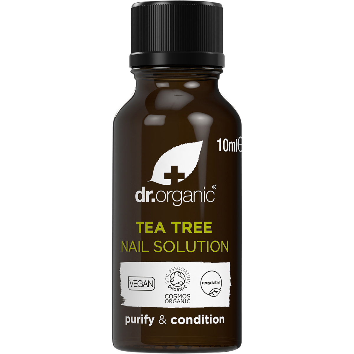 Dr Organic Tea Tree Nail Solution 10ml bottle with a built-in applicator brush for restoring and conditioning nails.
