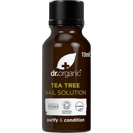 Dr Organic Tea Tree Nail Solution 10ml bottle with a built-in applicator brush for restoring and conditioning nails.