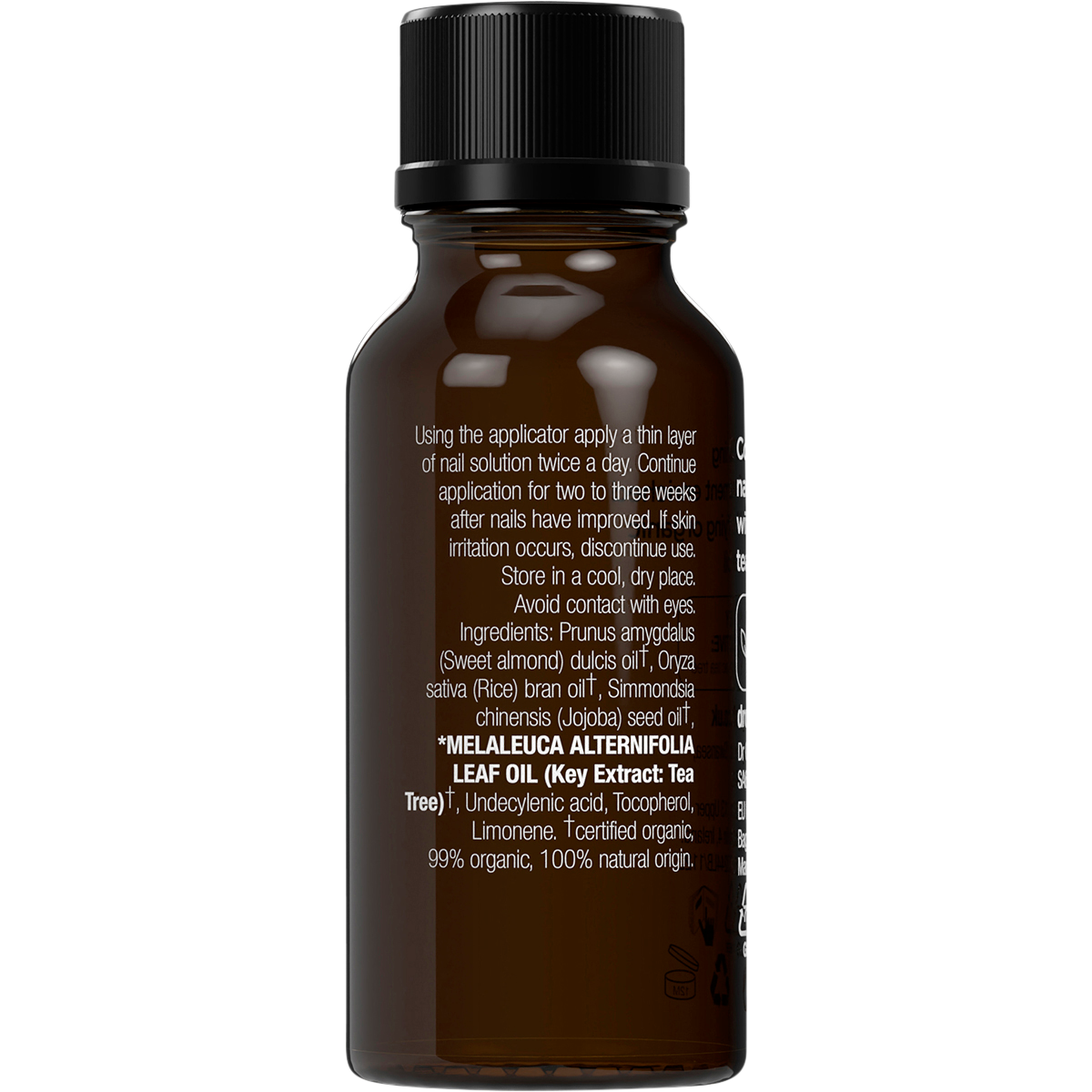 Back of Dr Organic Tea Tree Nail Solution bottle showing usage directions and natural ingredients list.