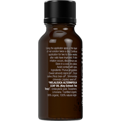 Back of Dr Organic Tea Tree Nail Solution bottle showing usage directions and natural ingredients list.